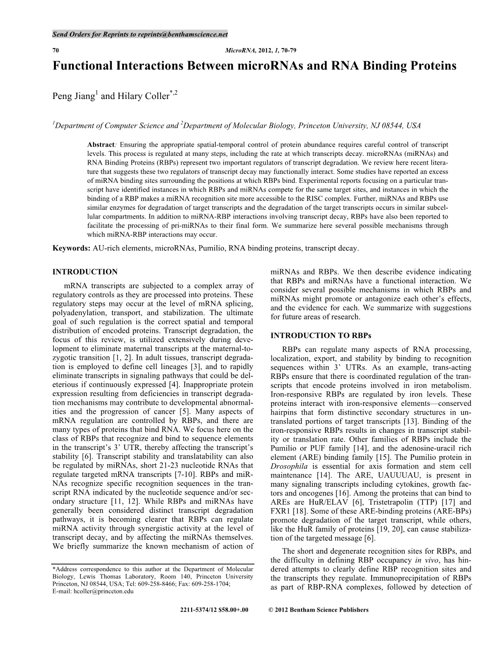 Functional Interactions Between Micrornas and RNA Binding Proteins