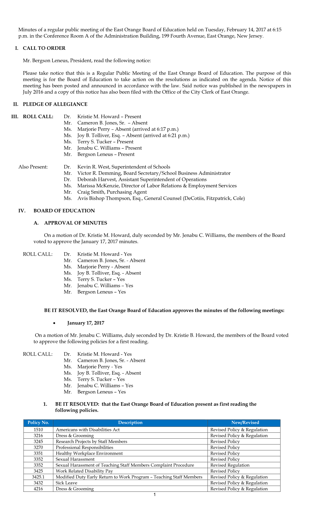 Minutes of a Regular Public Meeting of the East Orange Board of Education Held on Tuesday, February 14, 2017 at 6:15 P.M