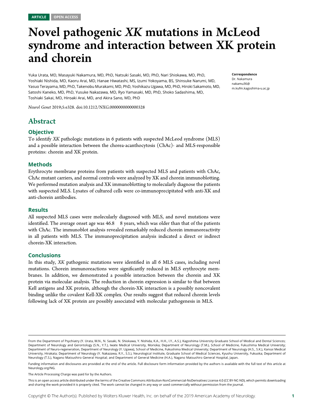 XK Mutations in Mcleod Syndrome and Interaction Between XK Protein and Chorein