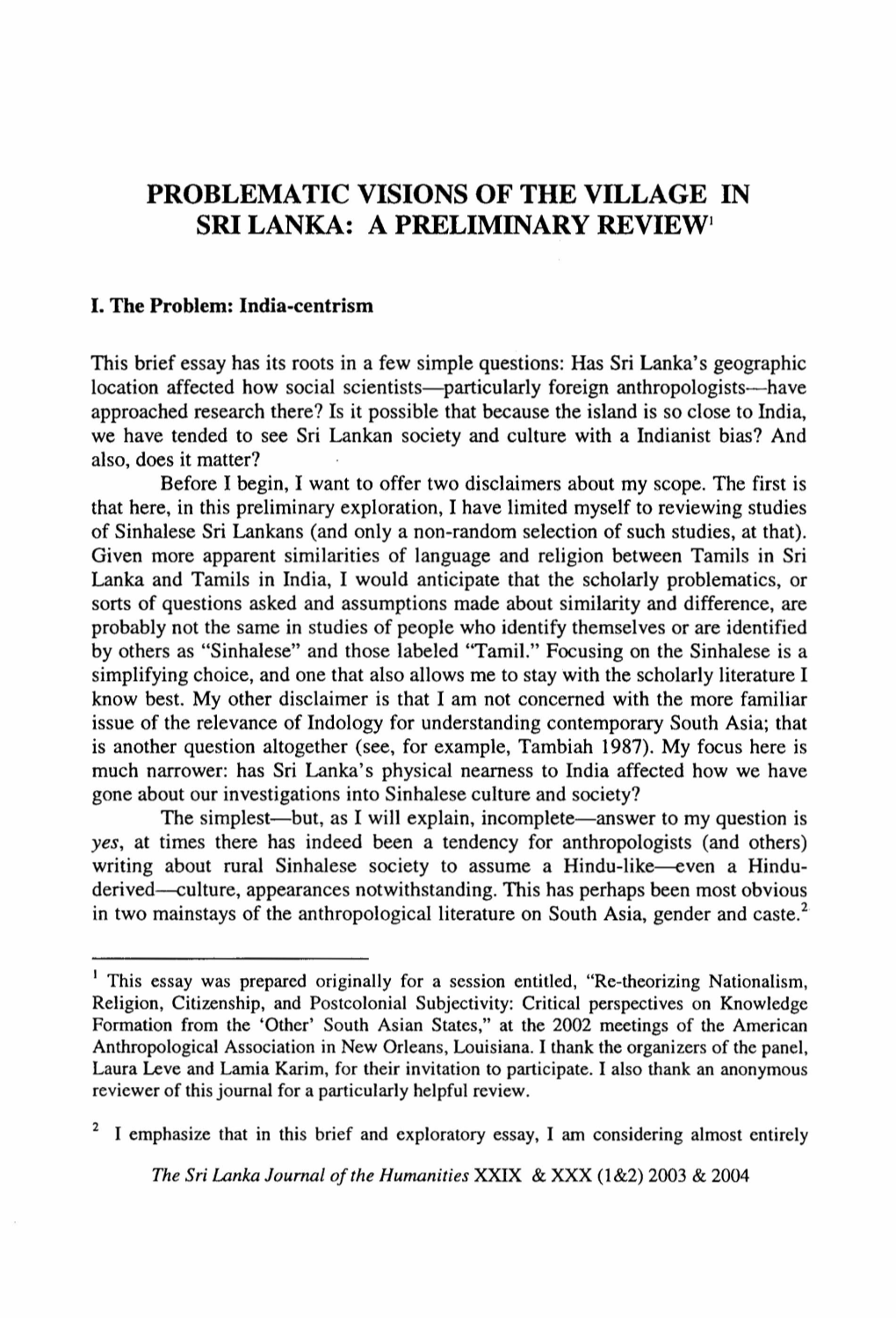 Problematic Visions of the Village in Sri Lanka: A