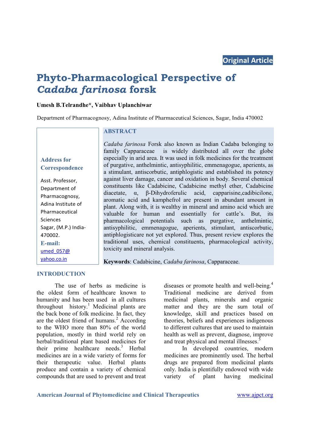 Phyto-Pharmacological Perspective of Cadaba Farinosa Forsk