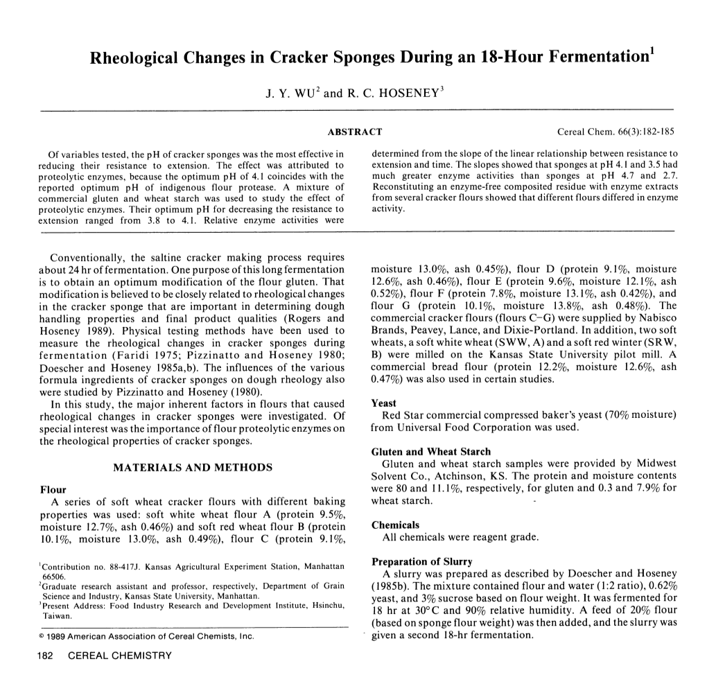 Rheological Changes in Cracker Sponges During an 18-Hour Fermentation1