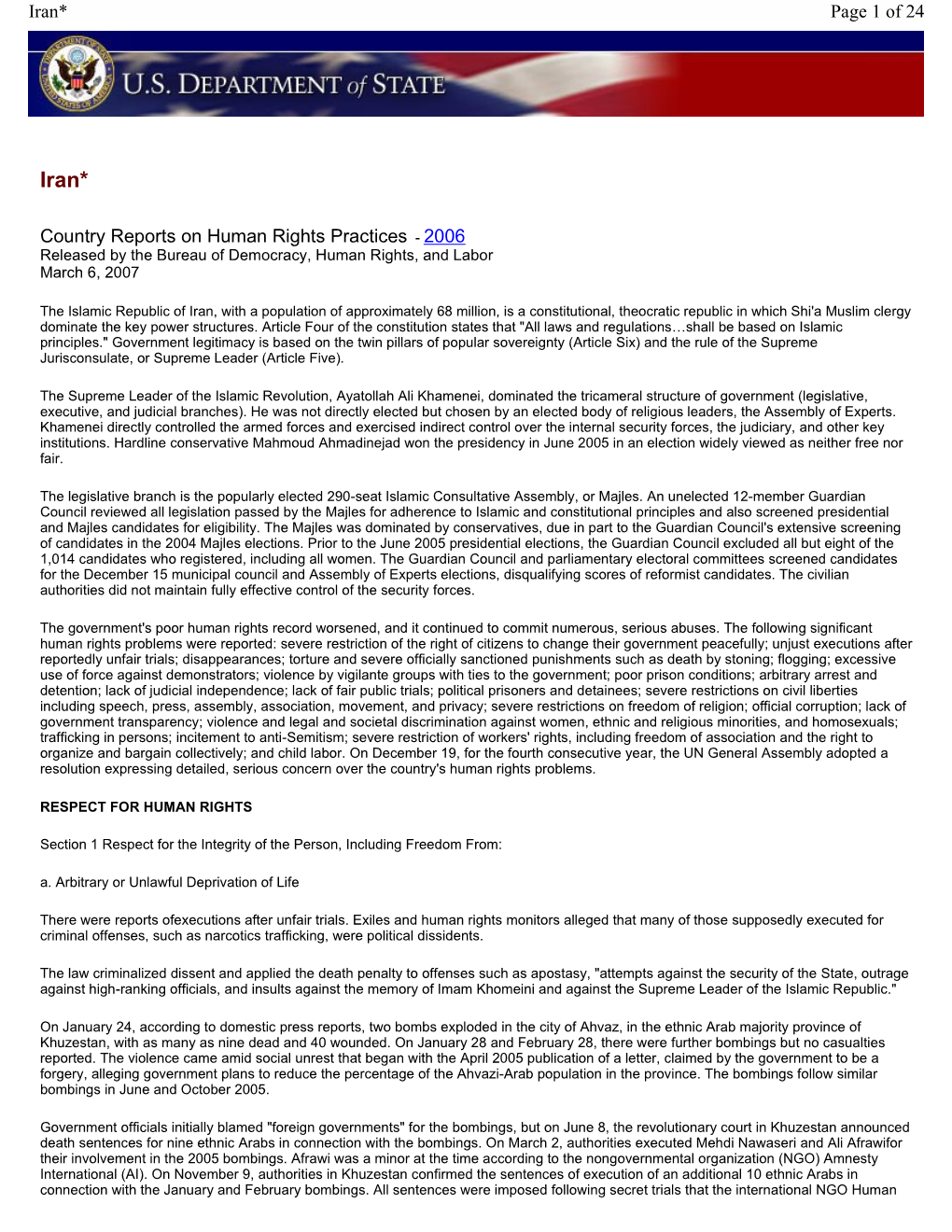 Country Reports on Human Rights Practices - 2006 Released by the Bureau of Democracy, Human Rights, and Labor March 6, 2007