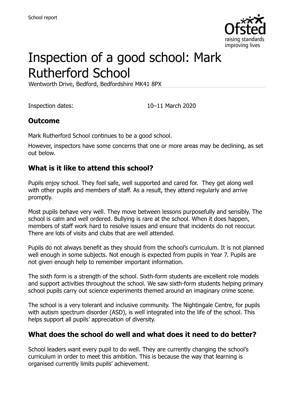 Inspection of a Good School: Mark Rutherford School Wentworth Drive, Bedford, Bedfordshire MK41 8PX