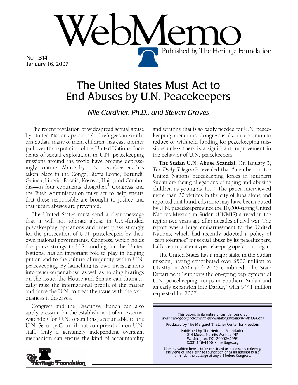 The United States Must Act to End Abuses by U.N. Peacekeepers Nile Gardiner, Ph.D., and Steven Groves