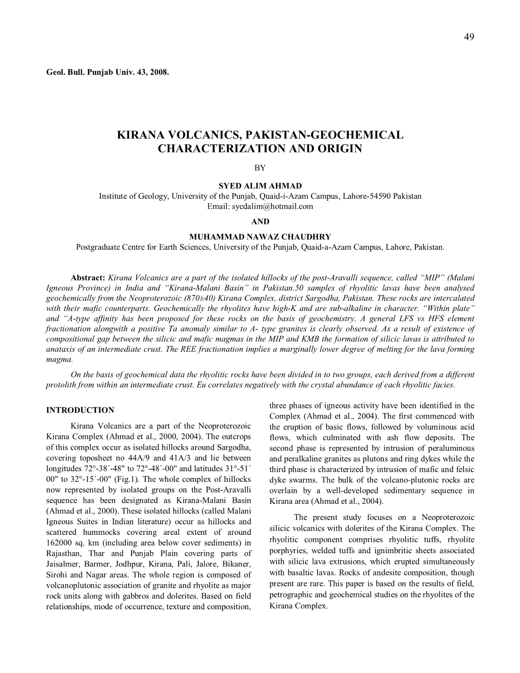 Geology and Geochemistry of Neoproterozoic Kirana Volcanics, Sargodha District, Pakistan