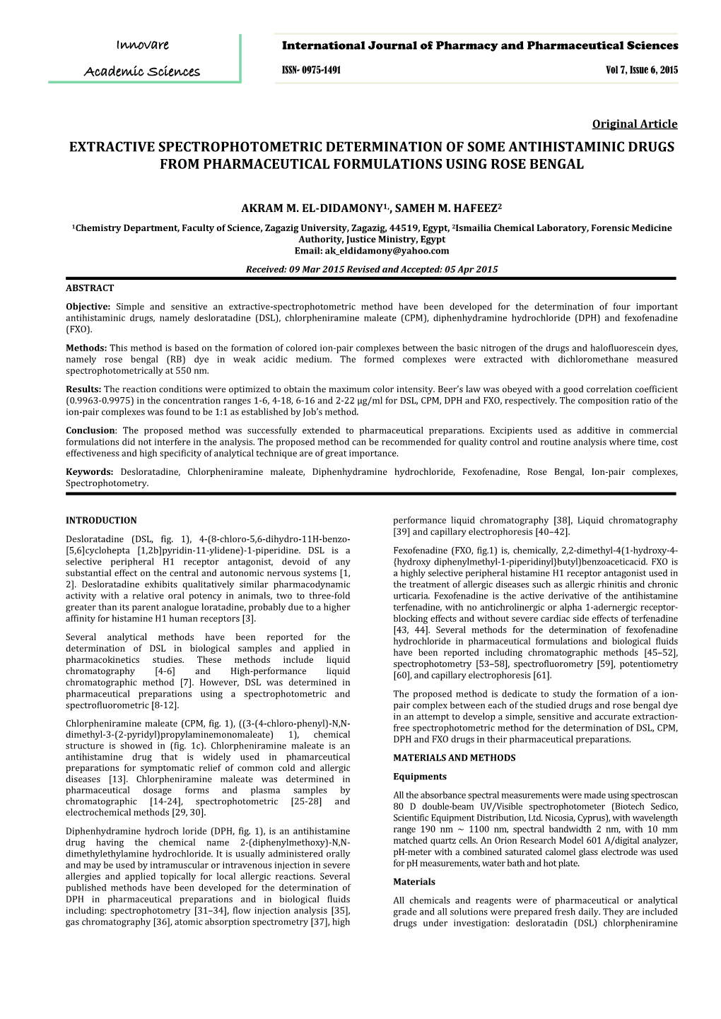 EXTRACTIVE SPECTROPHOTOMETRIC DETERMINATION of SOME ANTIHISTAMINIC DRUGS from PHARMACEUTICAL FORMULATIONS USING ROSE BENGAL Inno