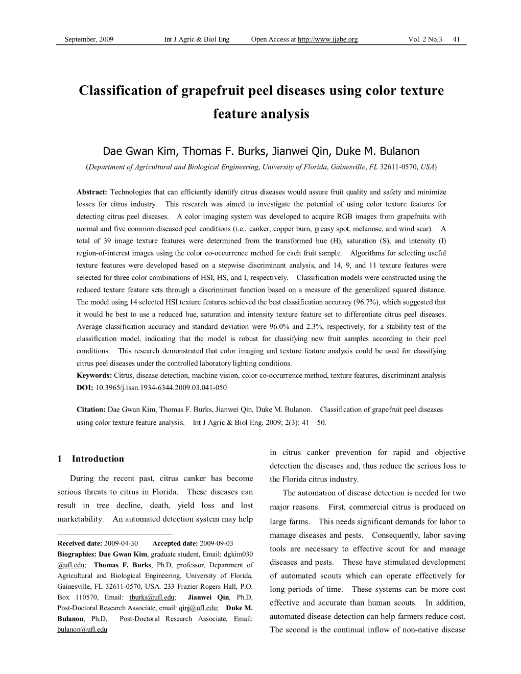 Classification of Grapefruit Peel Diseases Using Color Texture Feature Analysis