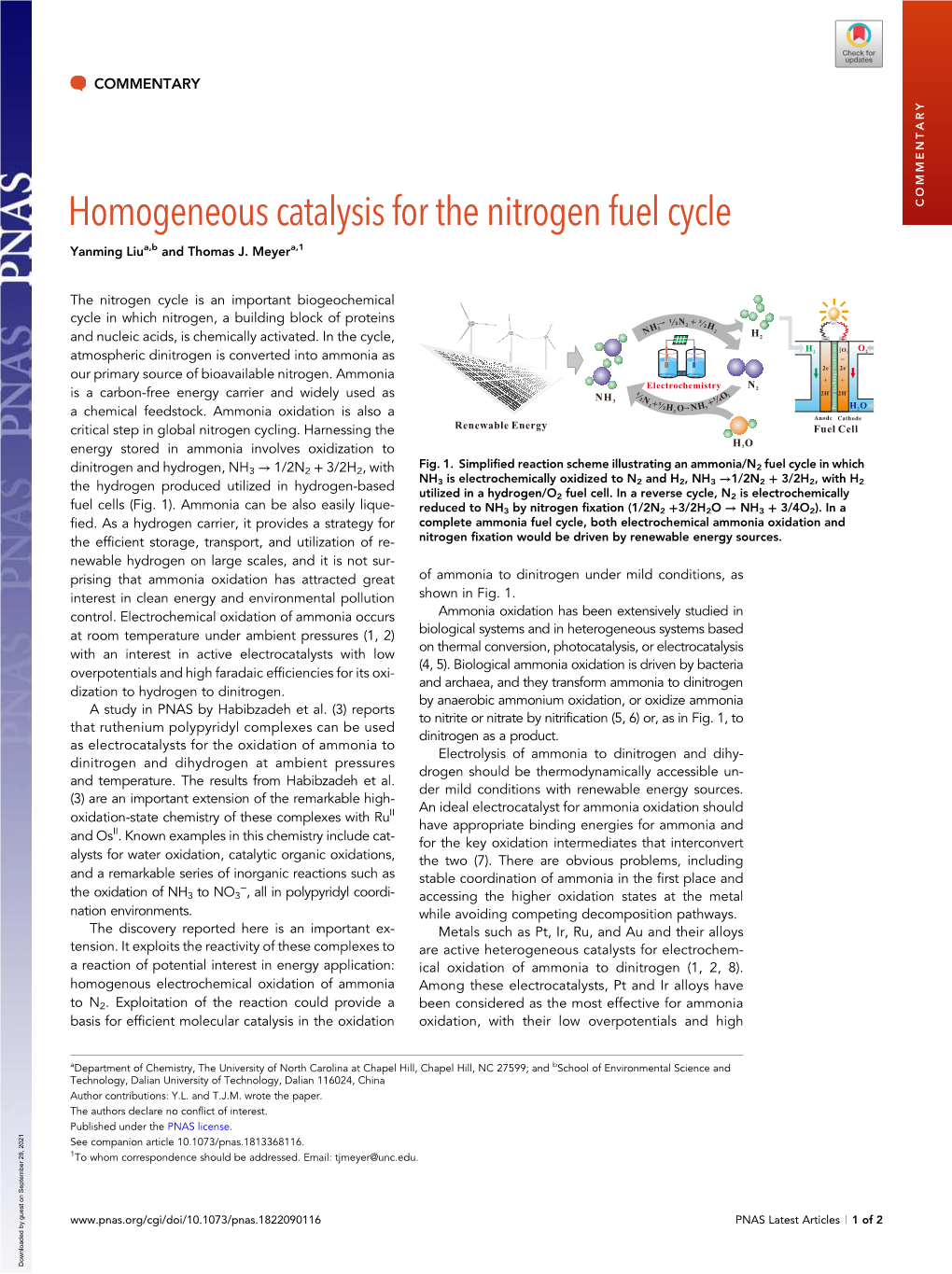 Homogeneous Catalysis for the Nitrogen Fuel Cycle COMMENTARY Yanming Liua,B and Thomas J