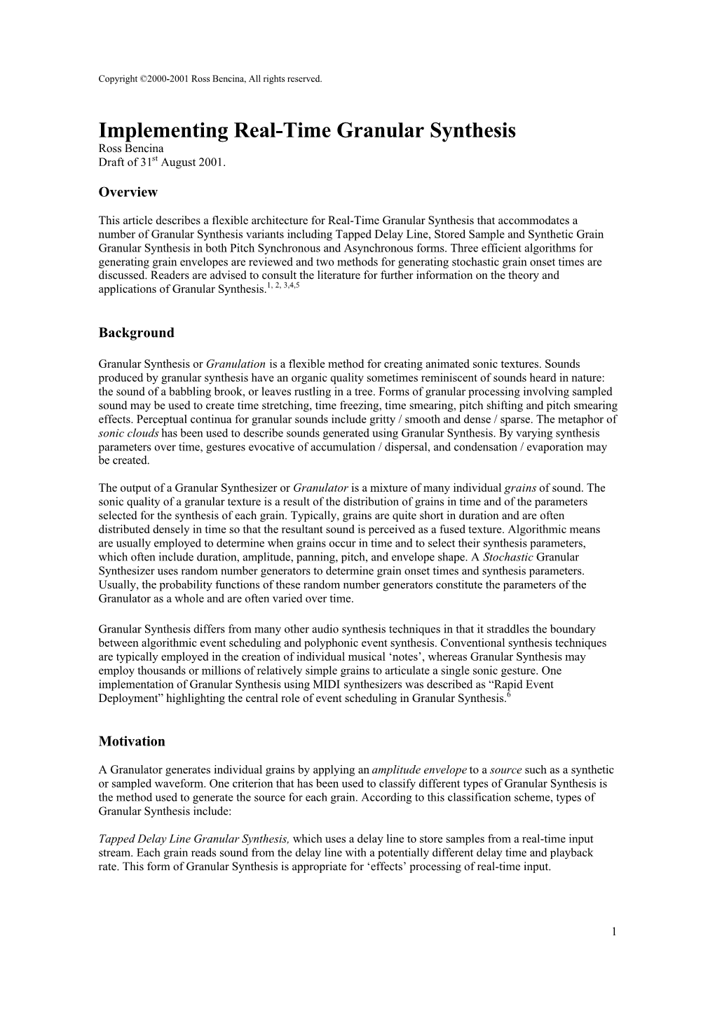 Implementing Real-Time Granular Synthesis Ross Bencina Draft of 31St August 2001