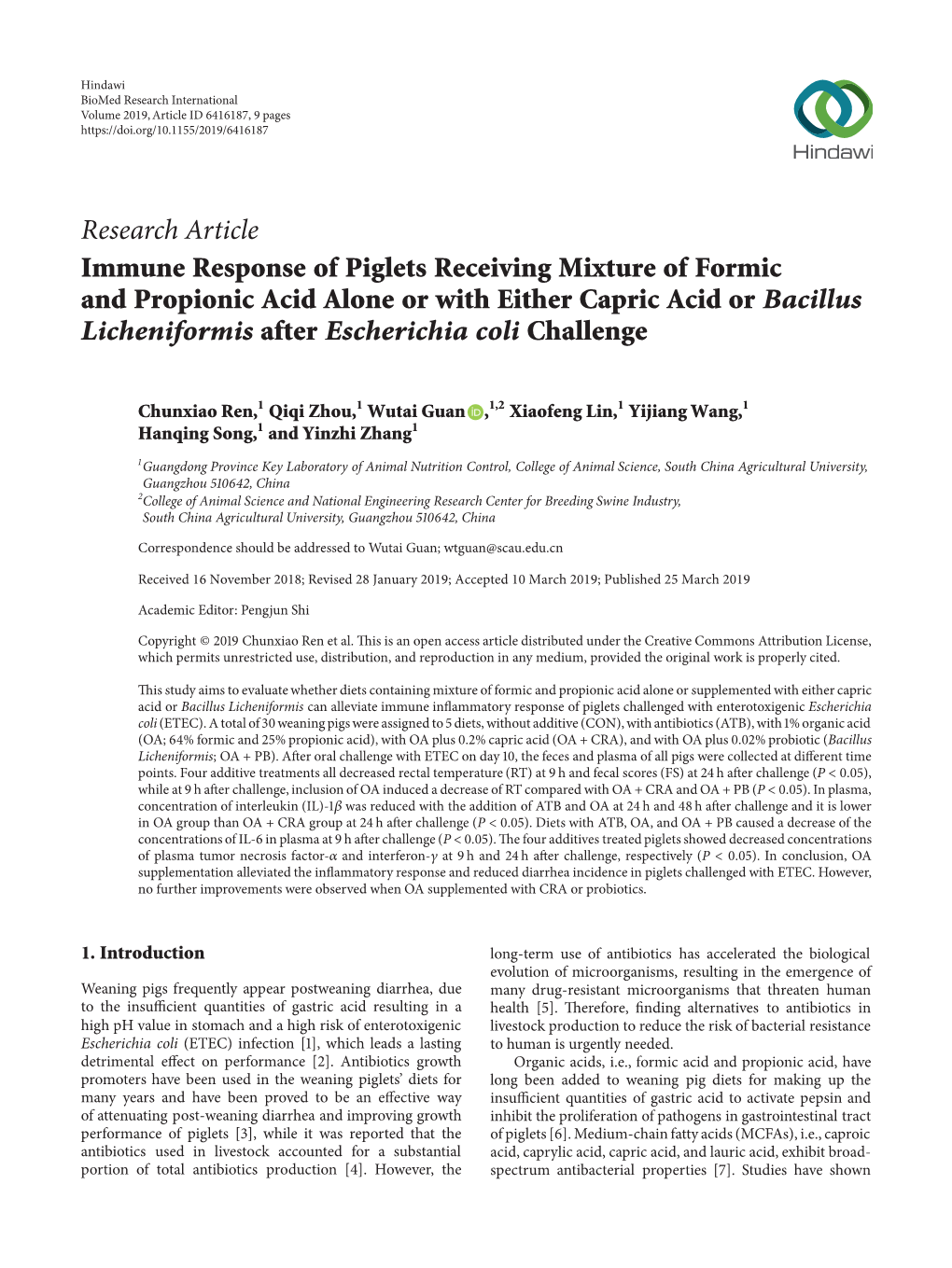 Research Article Immune Response of Piglets Receiving Mixture of Formic and Propionic Acid Alone Or with Either Capric Acid Or B