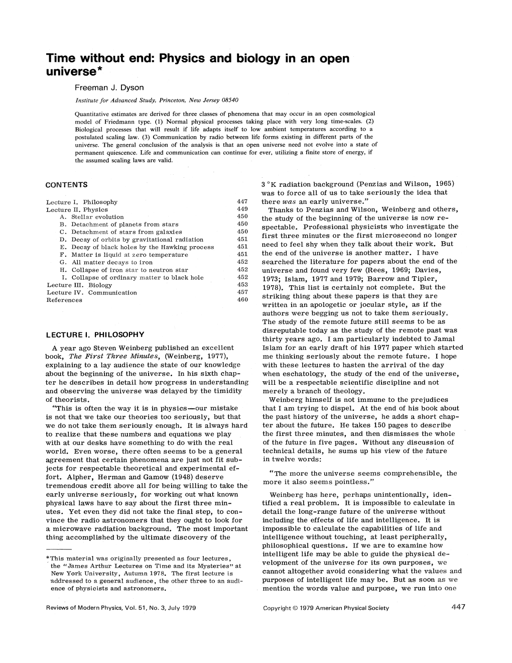 Time Without End: Physics and Biology in an Open Universe* Freeman J