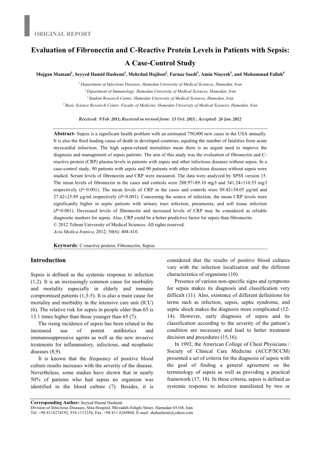 Evaluation of Fibronectin and C-Reactive Protein Levels in Patients with Sepsis: a Case-Control Study