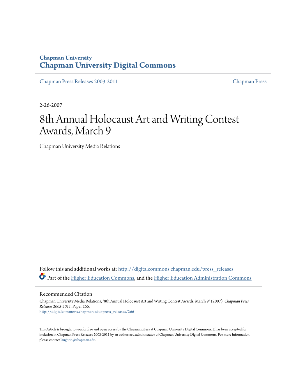 8Th Annual Holocaust Art and Writing Contest Awards, March 9 Chapman University Media Relations