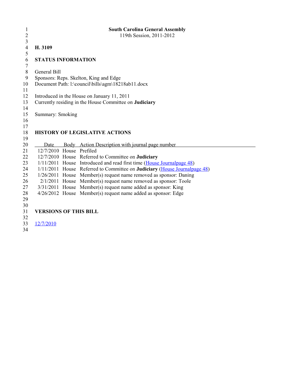 2011-2012 Bill 3109: Smoking - South Carolina Legislature Online