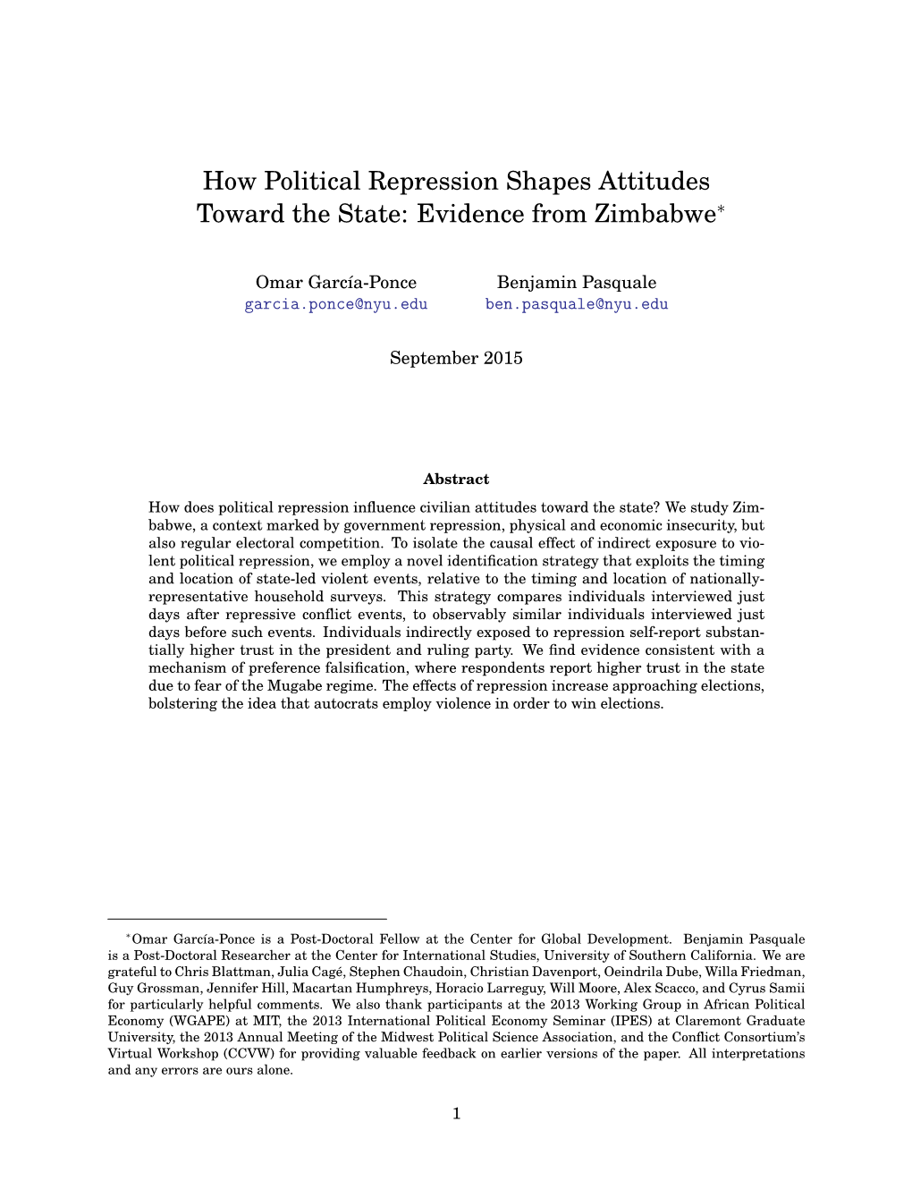 How Political Repression Shapes Attitudes Toward the State: Evidence from Zimbabwe∗