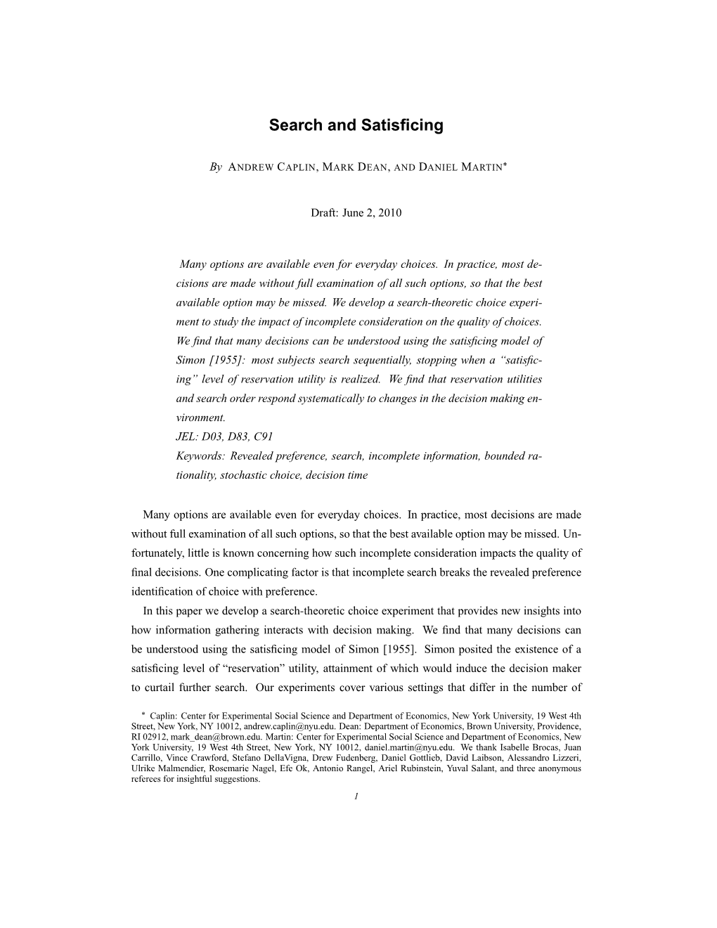 Search and Satisficing 3