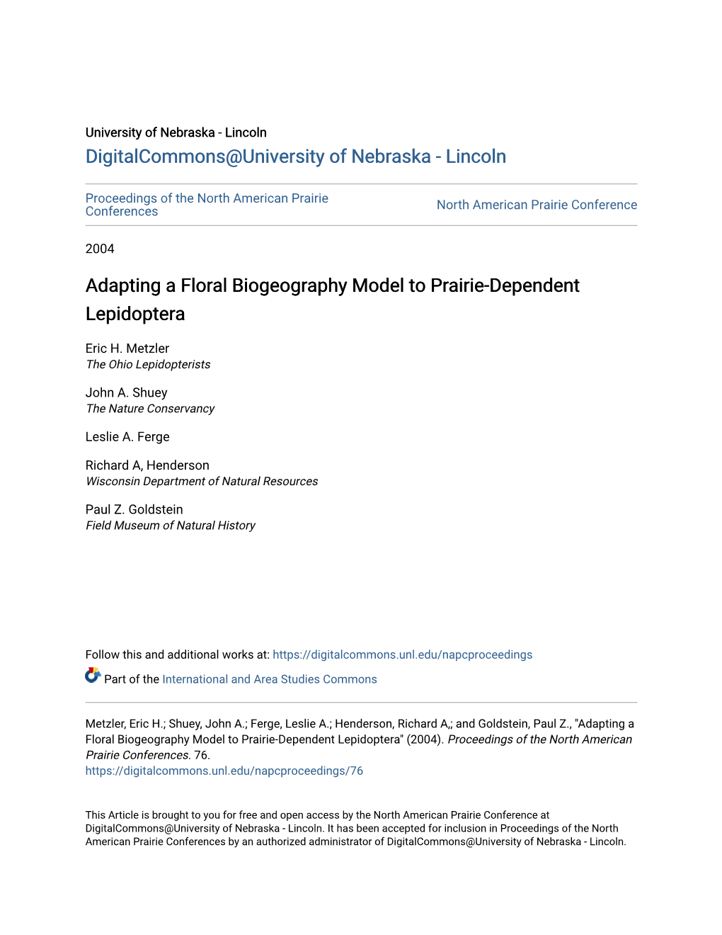 Adapting a Floral Biogeography Model to Prairie-Dependent Lepidoptera