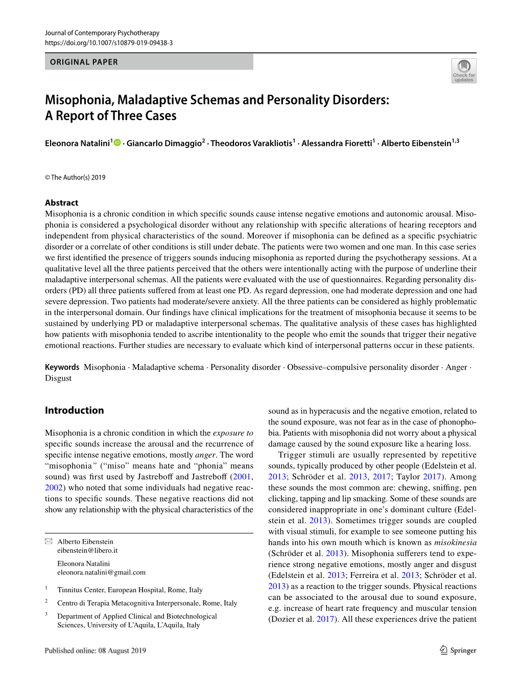 Misophonia, Maladaptive Schemas and Personality Disorders: a Report of Three Cases