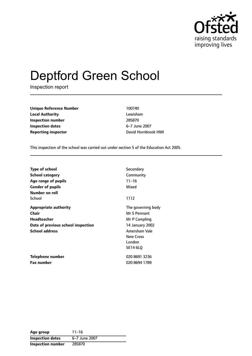 Deptford Green School Inspection Report