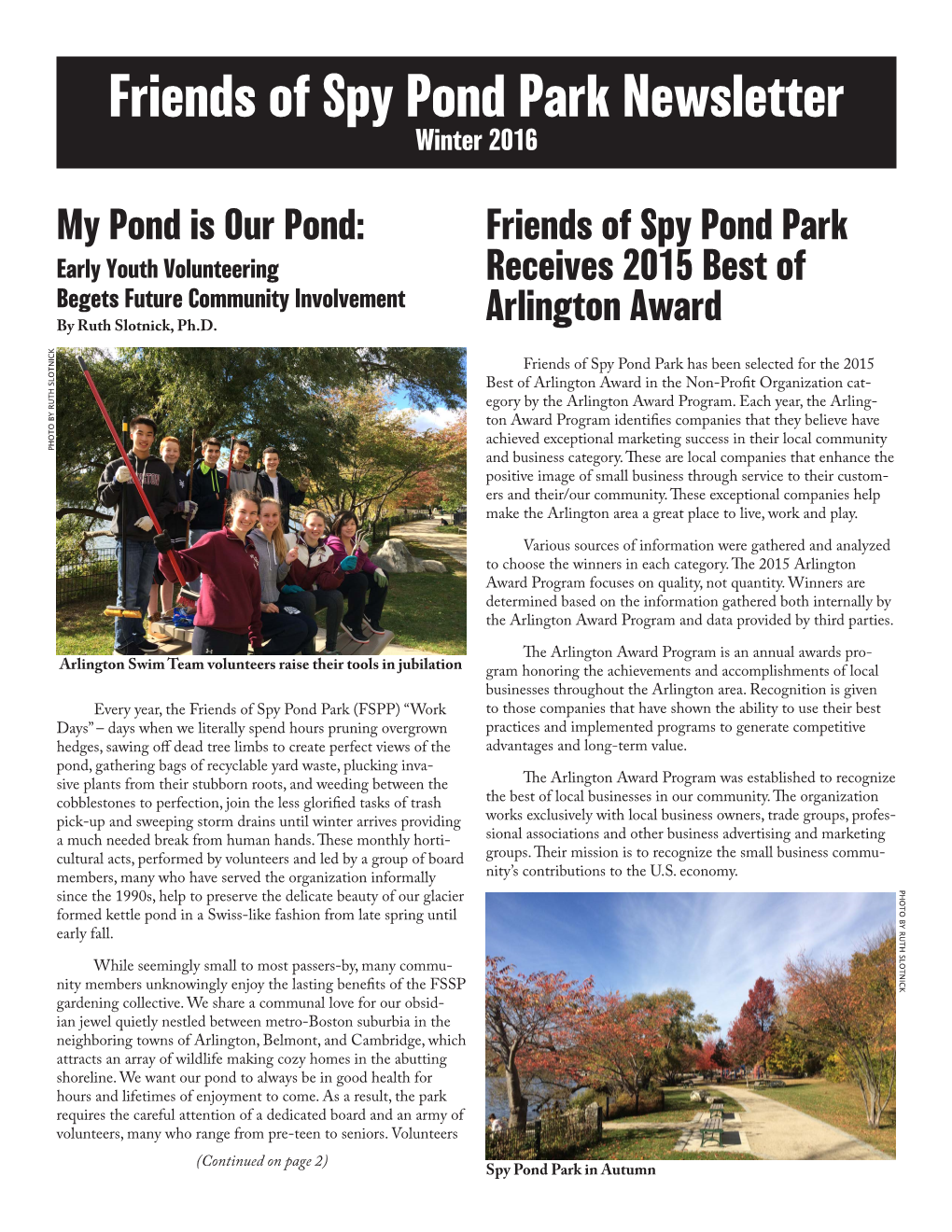 Friends of Spy Pond Park Newsletter Winter 2016