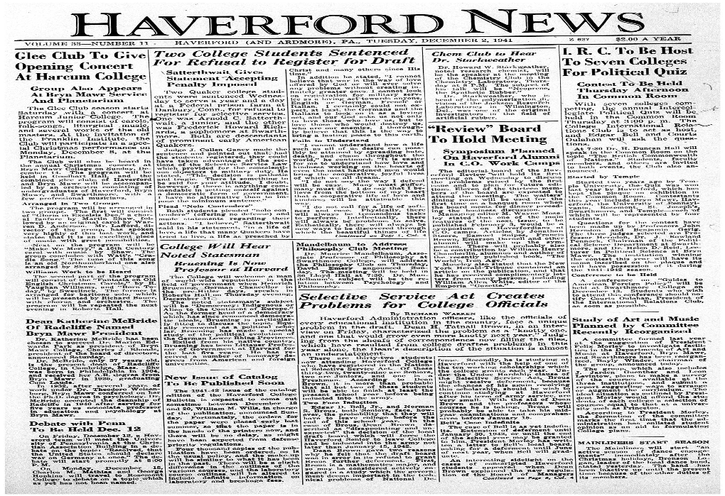 Haverford News2 627� $2.00 a Year Volume 33—Number 11 Haverford (And Ardmore), Pa., Tuesday, December 2, 1941 R