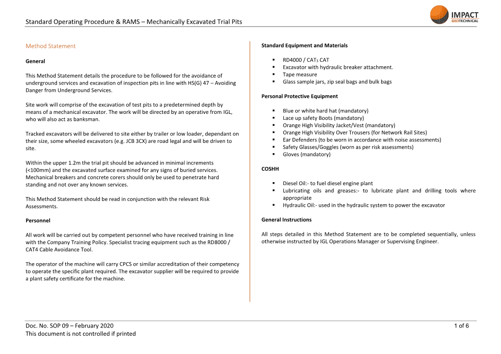 Standard Operating Procedure & RAMS – Mechanically Excavated