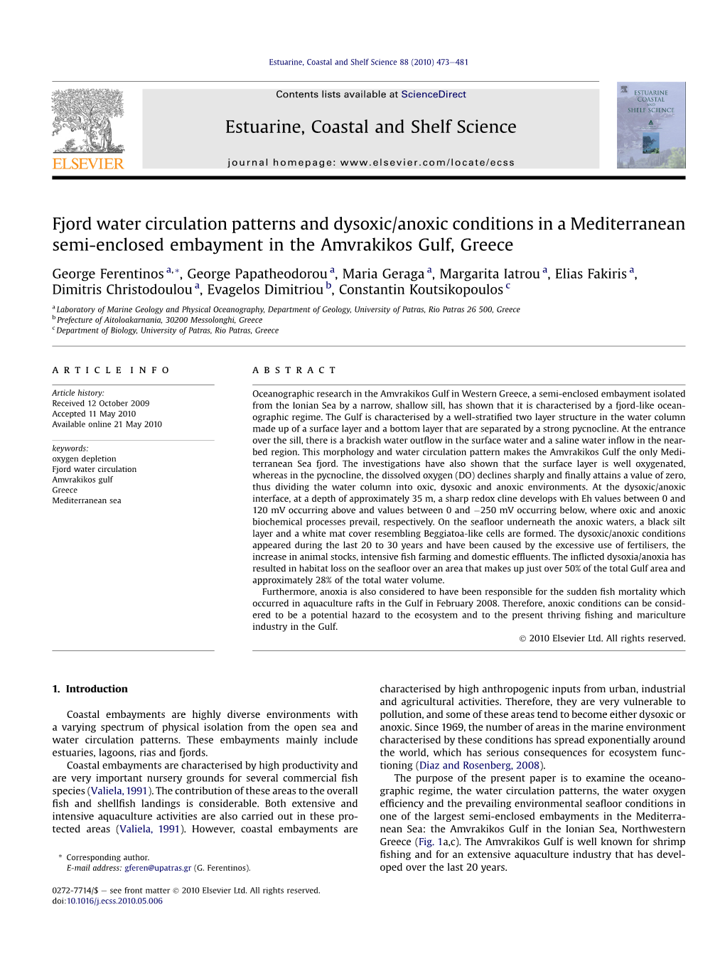 Fjord Water Circulation Patterns and Dysoxic/Anoxic Conditions in a Mediterranean Semi-Enclosed Embayment in the Amvrakikos Gulf, Greece