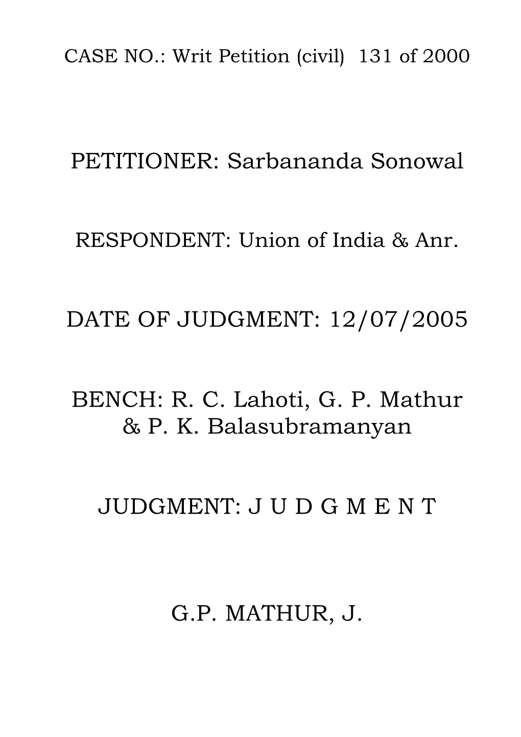 CASE NO.: Writ Petition (Civil) 131 of 2000