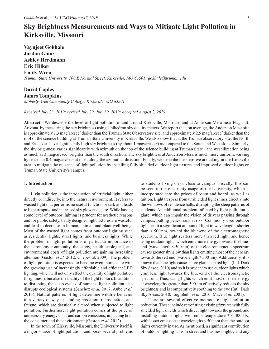 Sky Brightness Measurements and Ways to Mitigate Light Pollution in Kirksville, Missouri