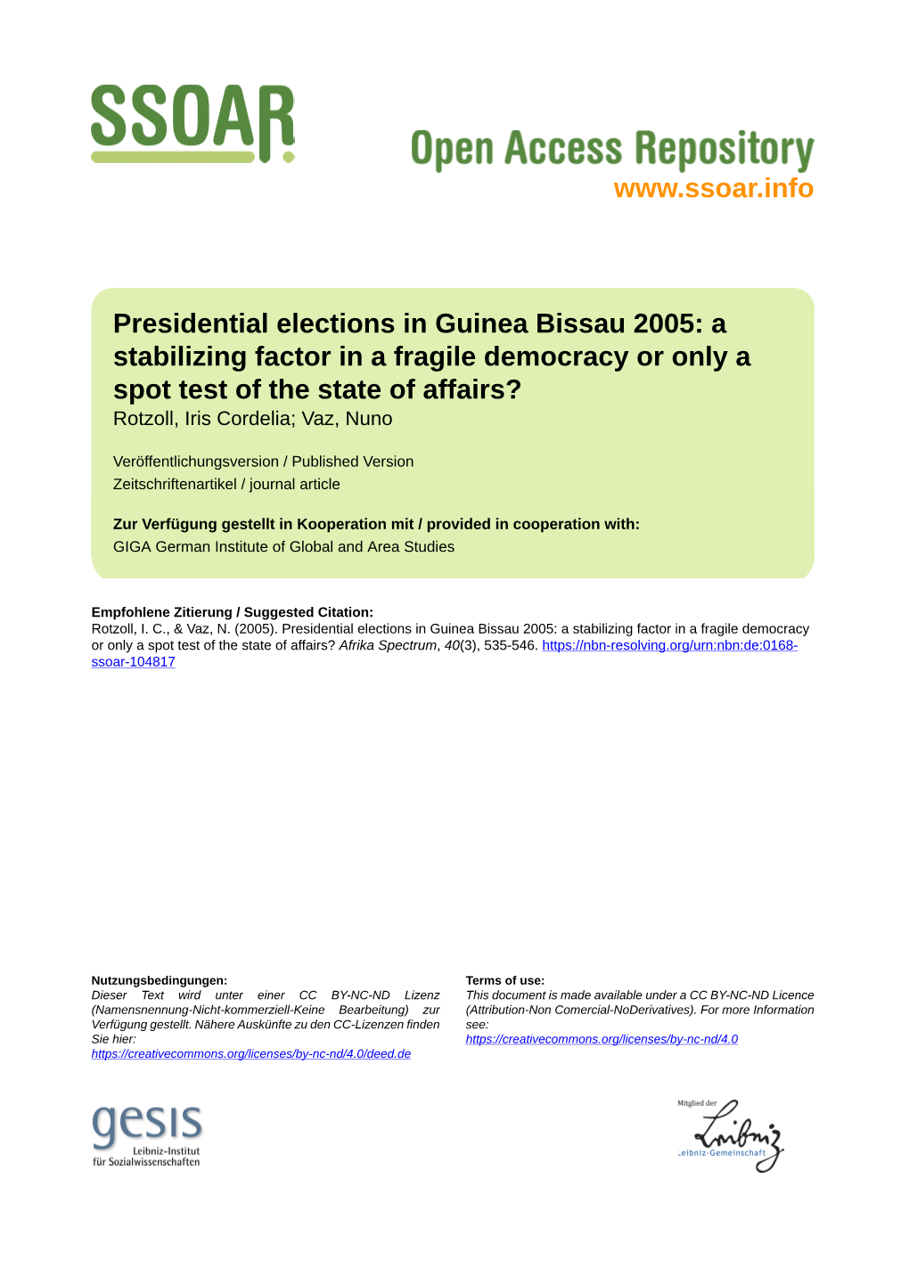 Presidential Elections in Guinea Bissau 2005: a Stabilizing Factor in A