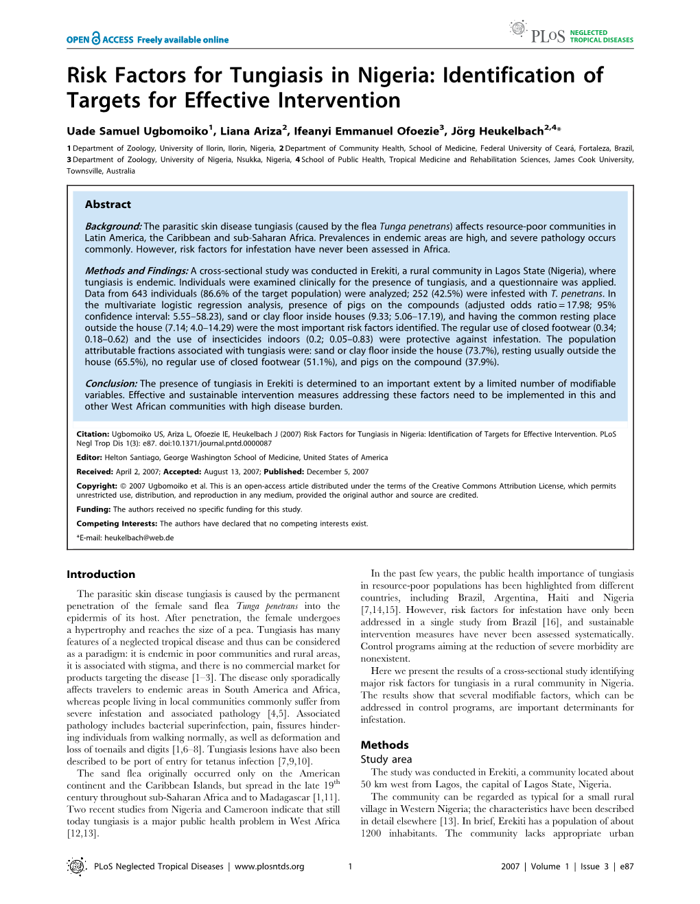 Risk Factors for Tungiasis in Nigeria: Identification of Targets for Effective Intervention