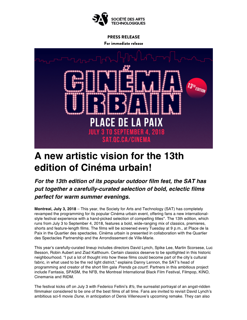 A New Artistic Vision for the 13Th Edition of Cinéma Urbain!