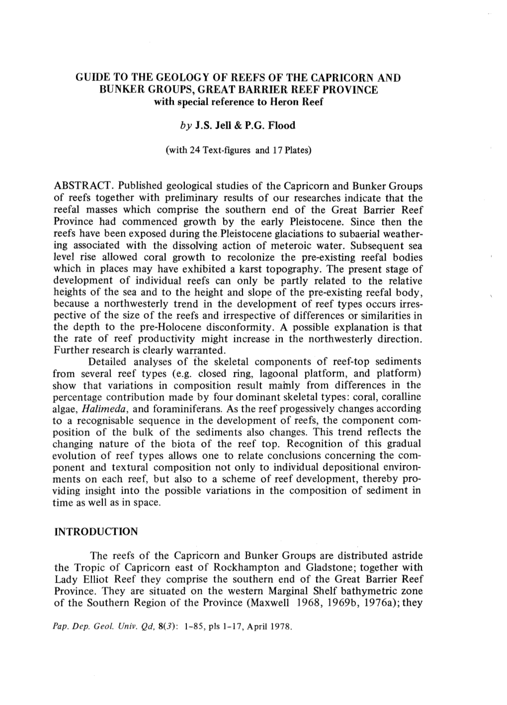 GUIDE to the GEOLOGY of REEFS of the CAPRICORN and BUNKER GROUPS, GREAT BARRIER REEF PROVINCE with Special Reference to Heron Reef