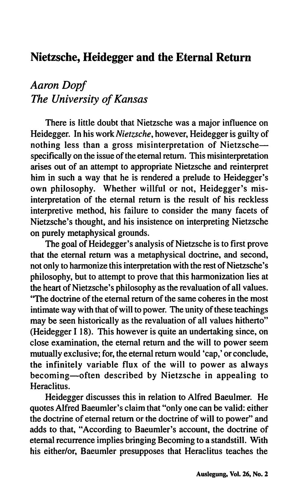 Nietzsche, Heidegger and the Eternal Return