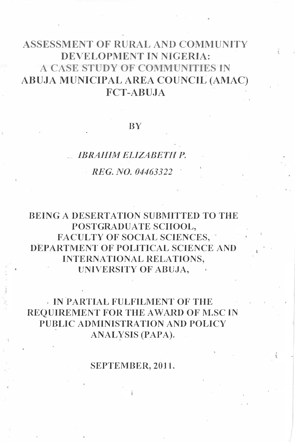 Assessment of Rural and Community Development in Nigeria: a Case Study of Communities in Abuja Municipal Area Council (Amac)