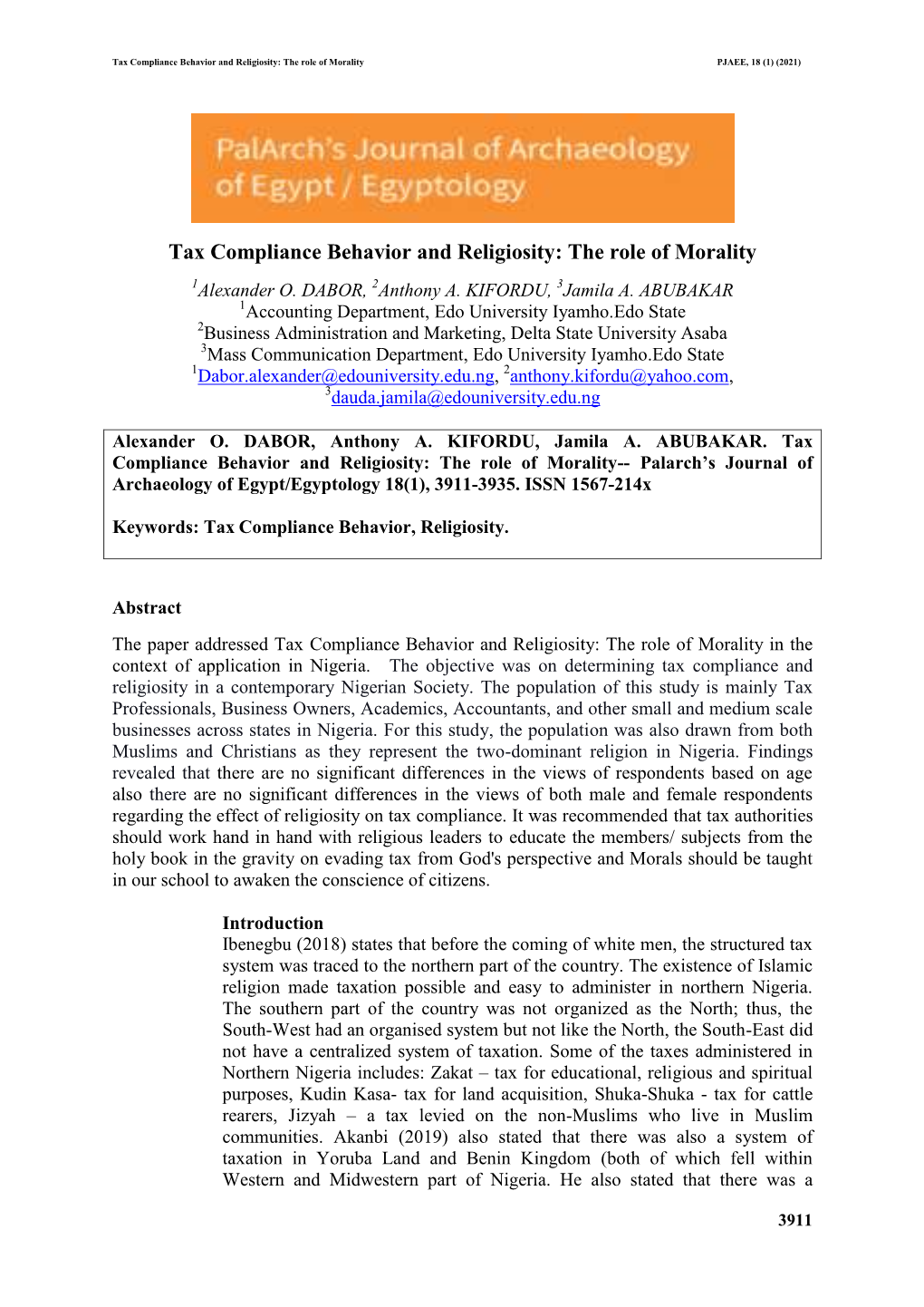 Tax Compliance Behavior and Religiosity: the Role of Morality PJAEE, 18 (1) (2021)