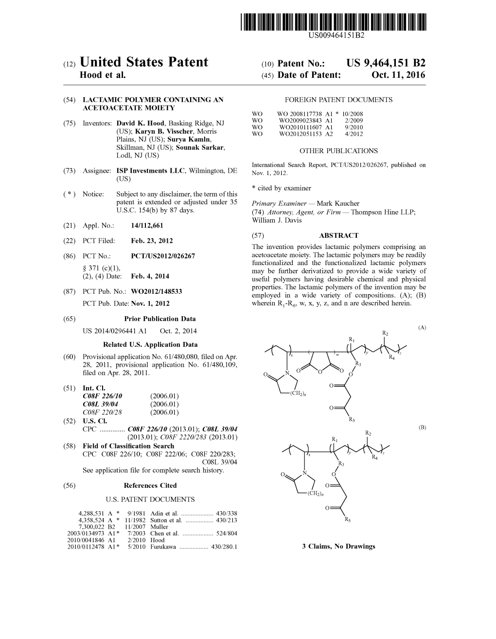 (12) United States Patent (10) Patent No.: US 9,464,151 B2 H00d Et Al