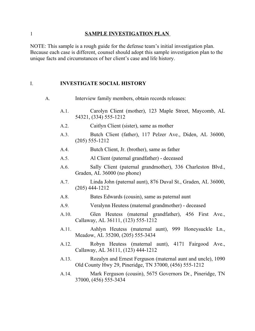 Sample Investigation Plan