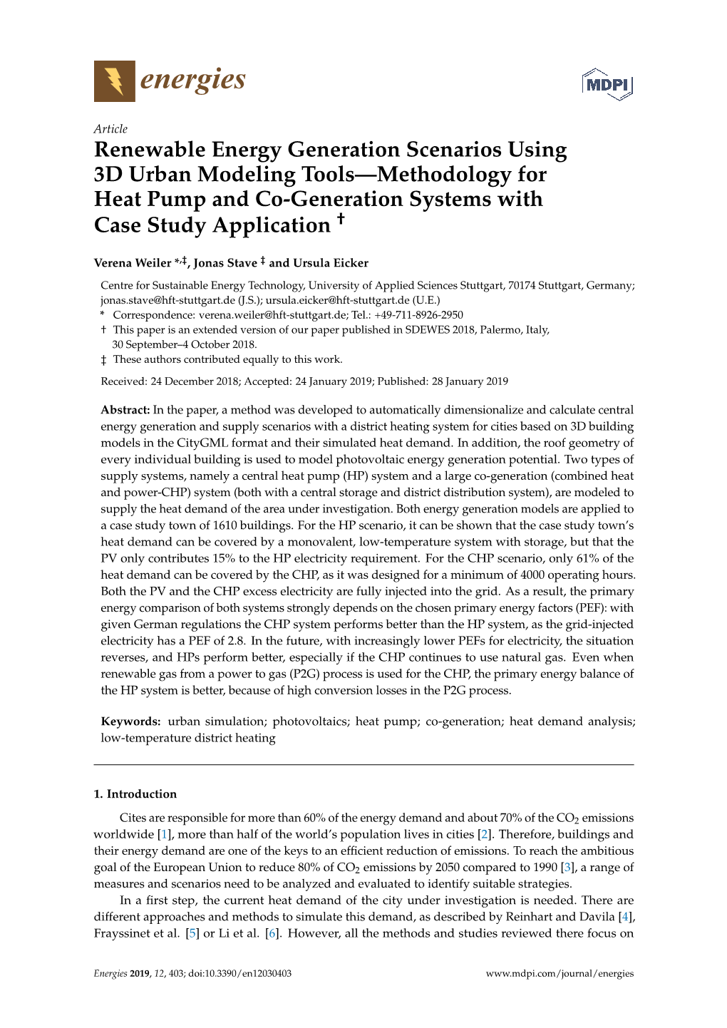 Renewable Energy Generation Scenarios Using 3D Urban Modeling Tools—Methodology for Heat Pump and Co-Generation Systems with Case Study Application †