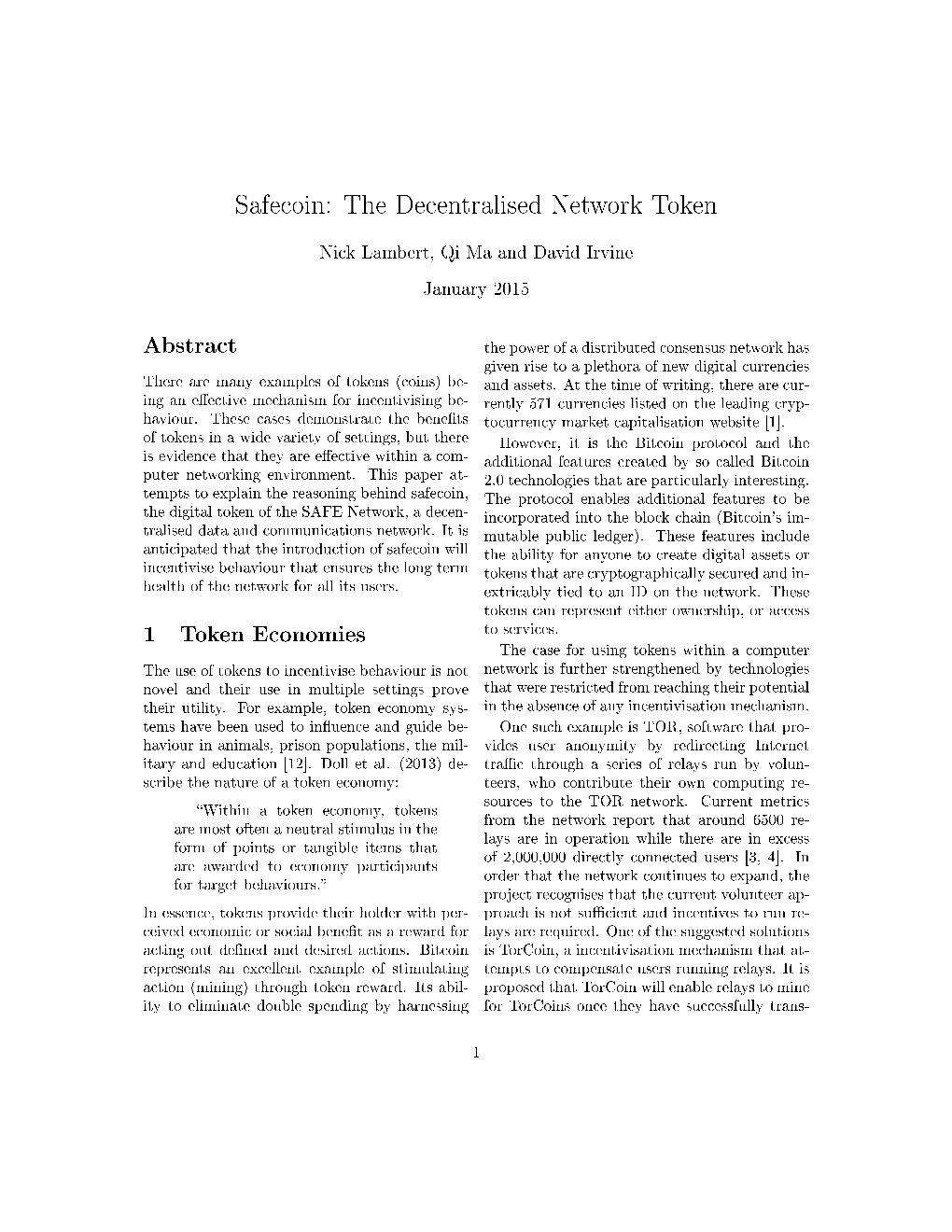 Safecoin: the Decentralised Network Token