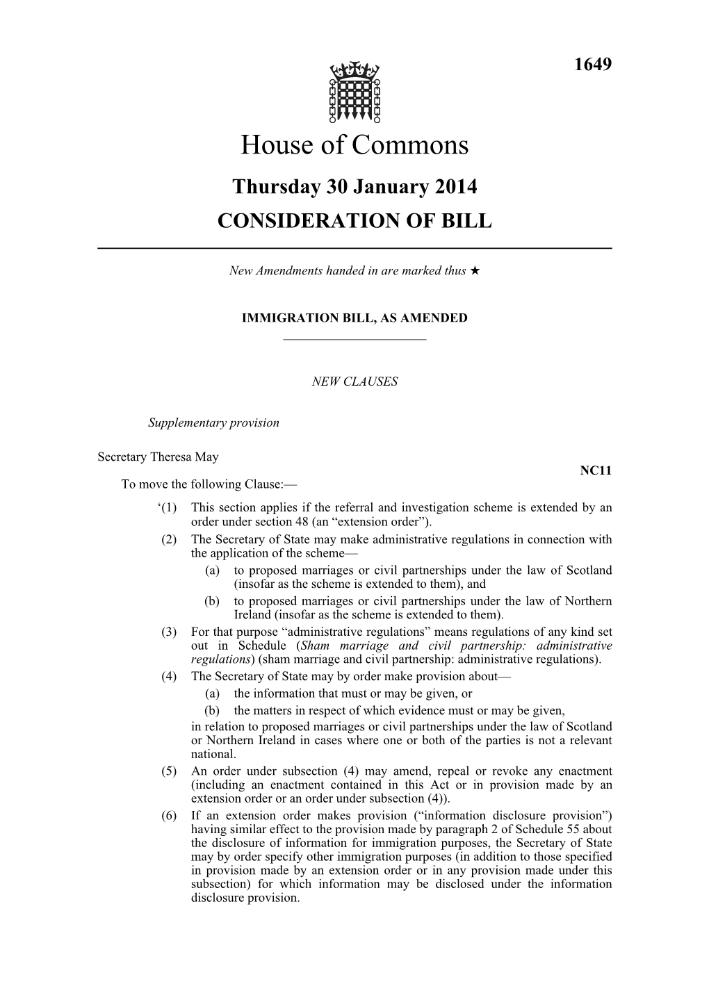 1649 Thursday 30 January 2014 CONSIDERATION of BILL