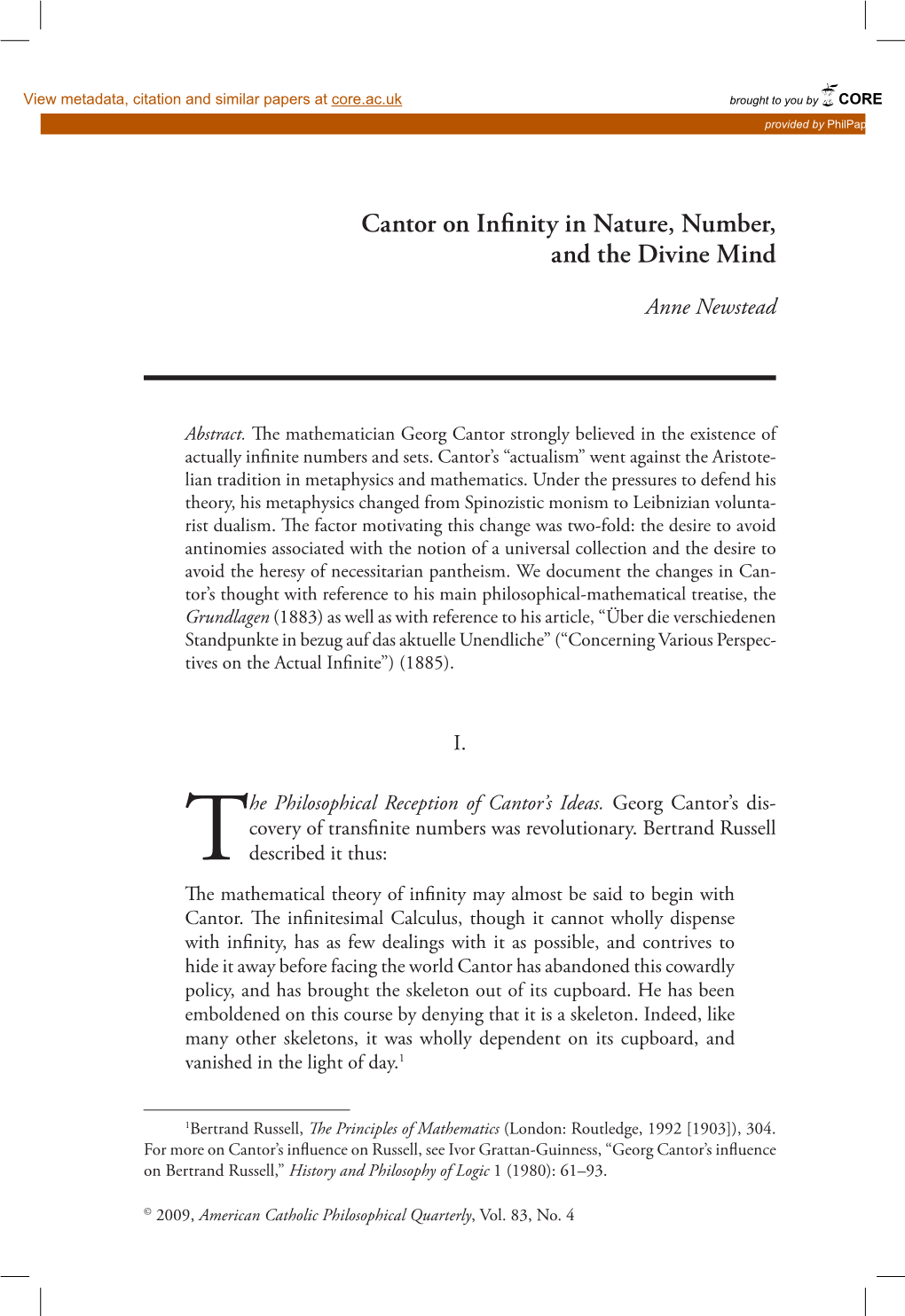 Cantor on Infinity in Nature, Number, and the Divine Mind