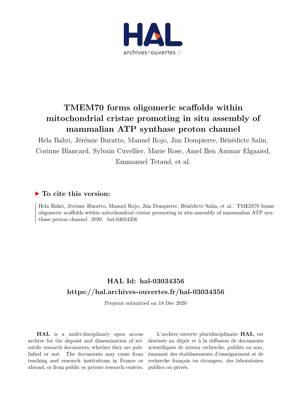 TMEM70 Forms Oligomeric Scaffolds Within Mitochondrial Cristae