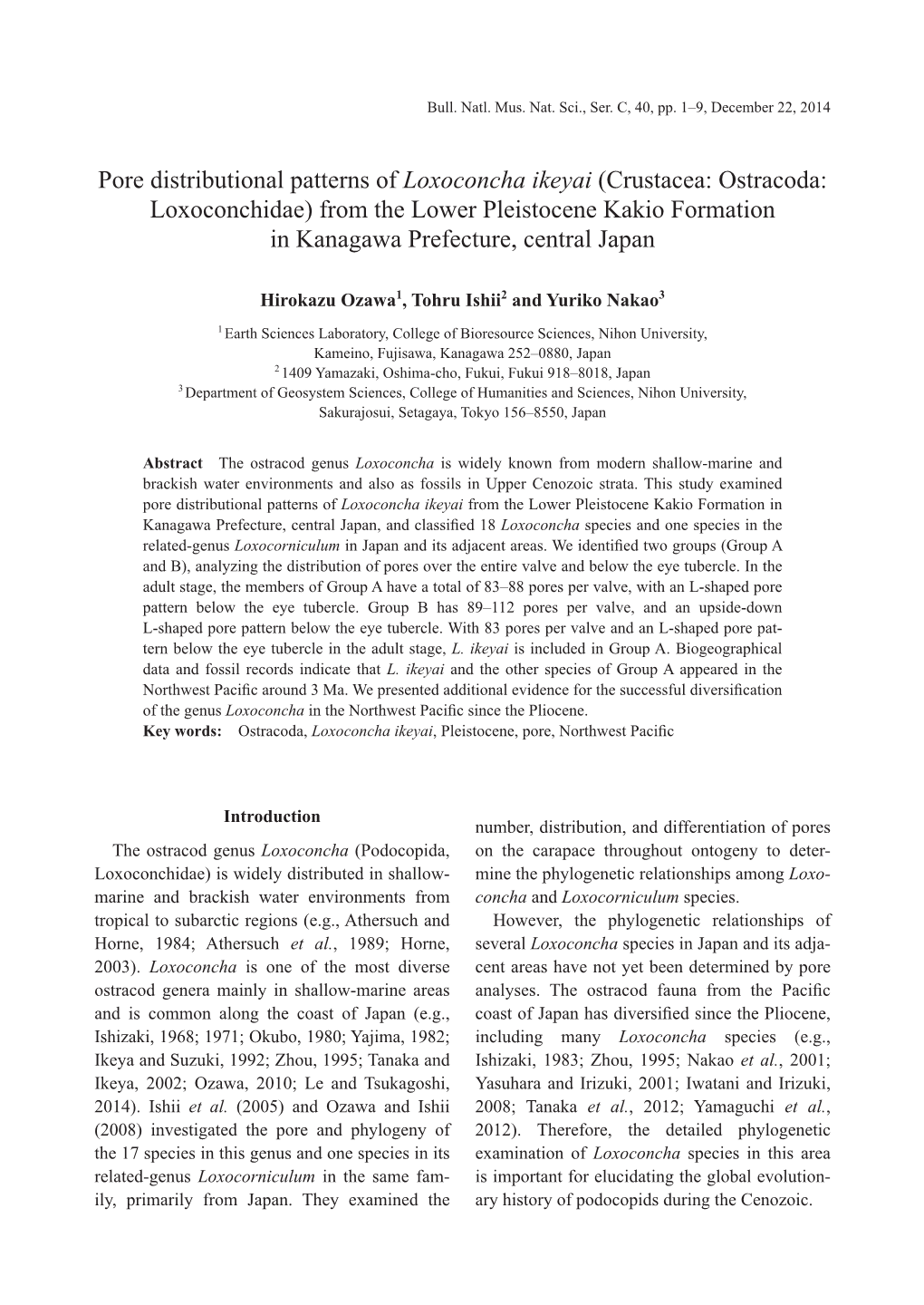 Crustacea: Ostracoda: Loxoconchidae) from the Lower Pleistocene Kakio Formation in Kanagawa Prefecture, Central Japan