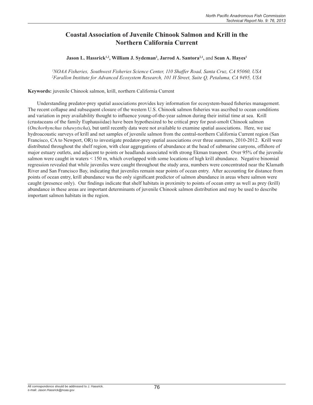 Coastal Association of Juvenile Chinook Salmon and Krill in the Northern California Current