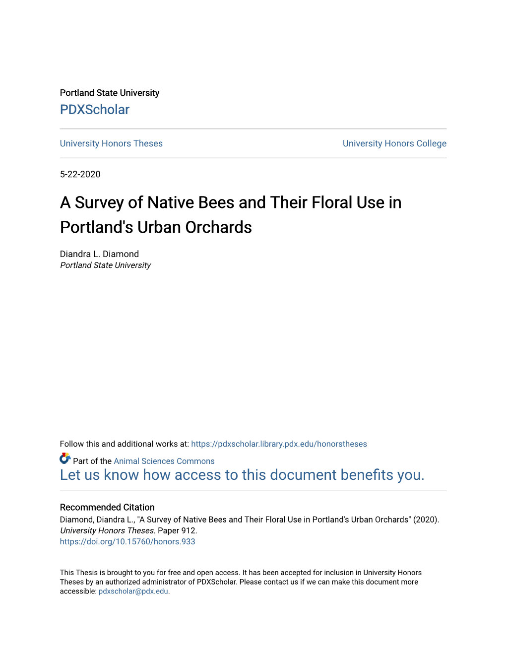 A Survey of Native Bees and Their Floral Use in Portland's Urban Orchards