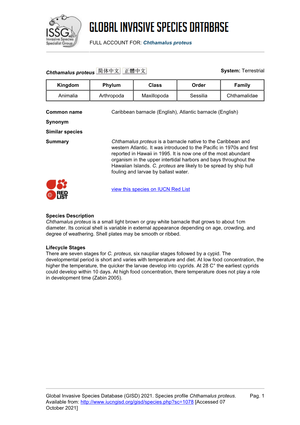 Chthamalus Proteus Global Invasive