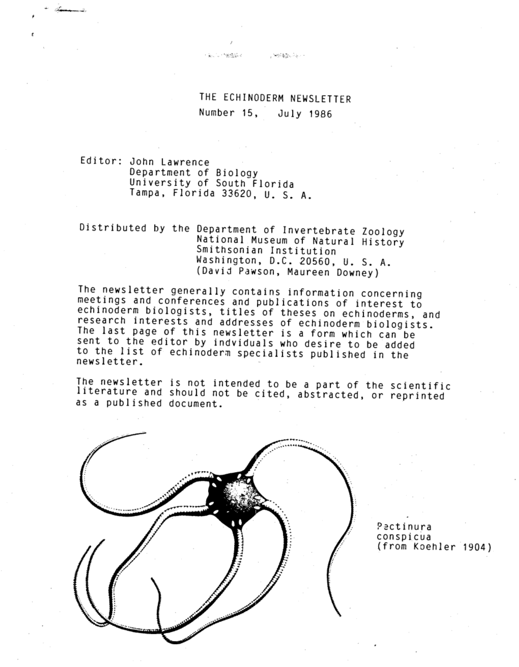 THE ECHINODERM NEWSLETTER Number 15, July 1986 Editor