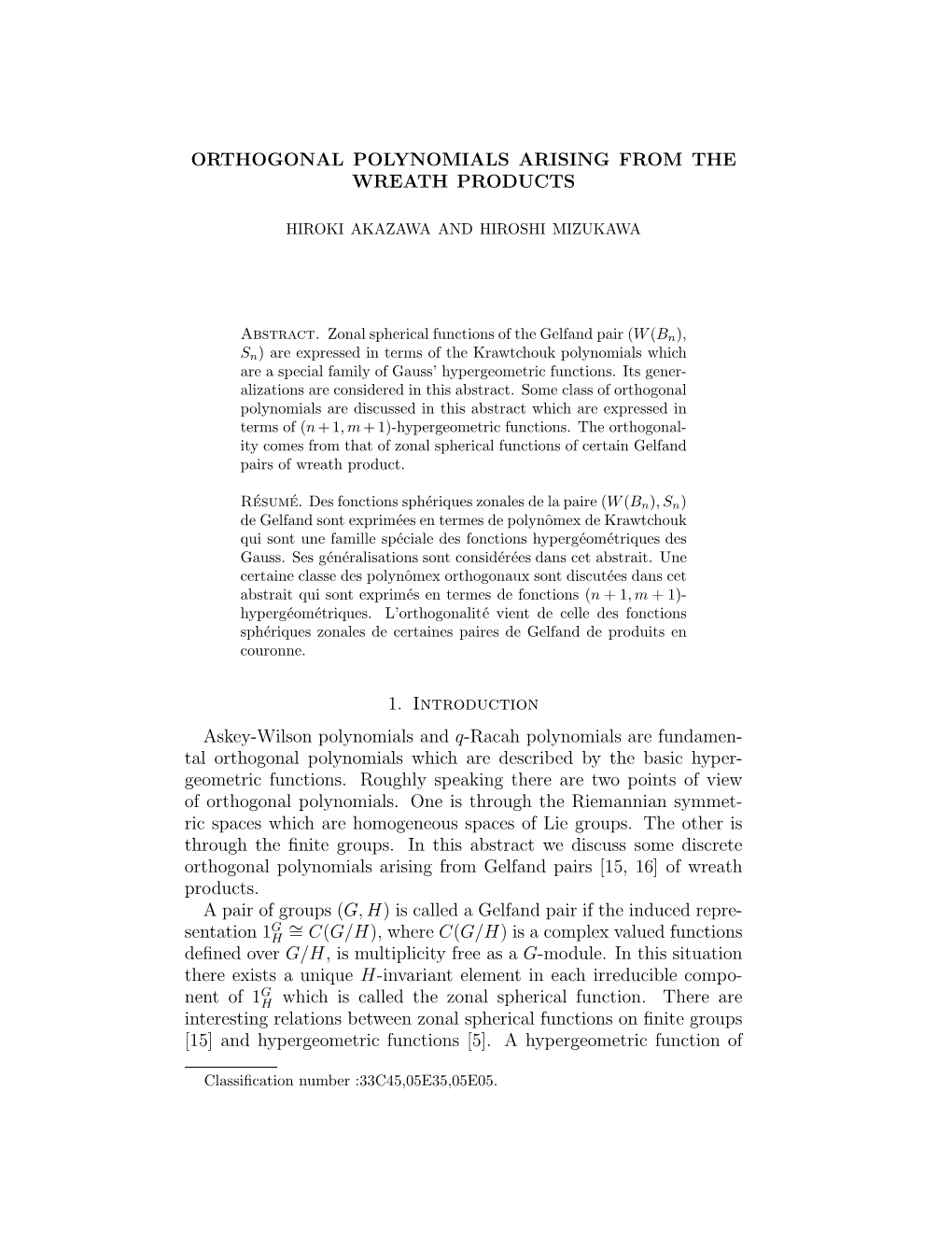 Orthogonal Polynomials Arising from the Wreath Products